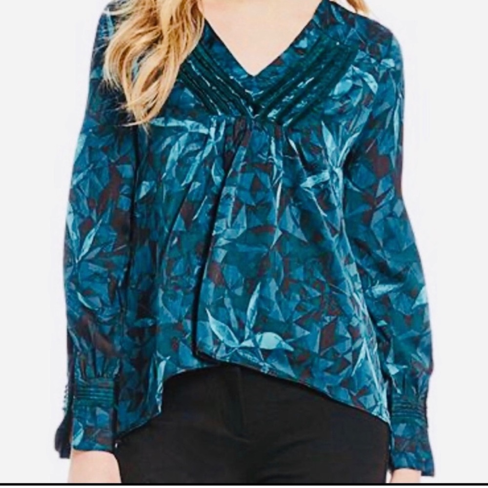 H by Halston teal & black abstract pattern long sleeve blouse